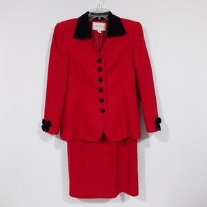 Vintage Lord & Taylor Red Wool Petite Skirt Suit | Velvet Collar | SP